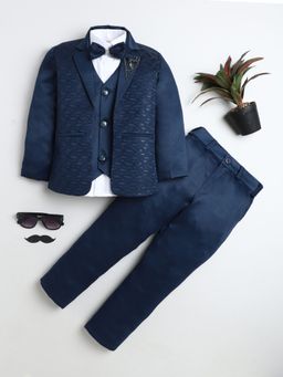 BT DEZINES - Boys Navy Blue Textured 3-Piece Suit Set with & Bow Tie