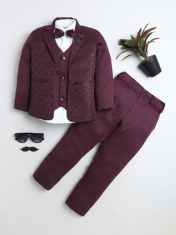 BT DEZINES - Boys Maroon Textured 3-Piece Suit Set with & Bow Tie