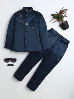 BT DEZINES - Boys Navy Blue Embellished Bandhgala with Pant