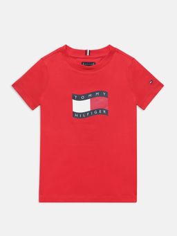 Tommy Hilfiger - Boys Red Printed Regular Fit Cotton T-Shirt