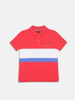 Tommy Hilfiger - Boys Red Colorblock Regular Fit Cotton Polo T-Shirt