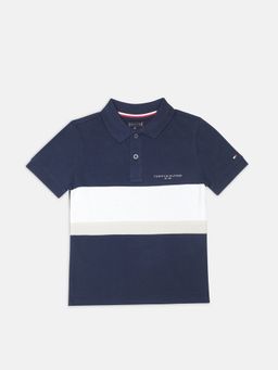 Tommy Hilfiger - Boys Navy Blue Colorblock Regular Fit Cotton Polo T-Shirt