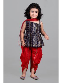 Titrit - Printed Rayon Top and Dhoti with Dupatta - Blue and Red (Set of 3)