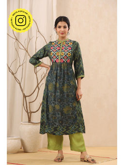 Kameez - Dark Green Printed Muslin Embroidered Kurta (Set of 2)