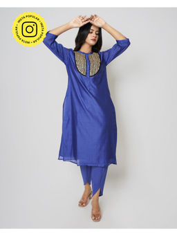 Kameez - Navy Blue Marori Work Chanderi Kurta With Cotton Tulip Pants (Set of 2)