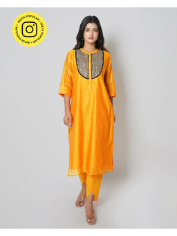 Kameez - Orange Marori Work Chanderi Kurta With Cotton Pants (Set of 2)