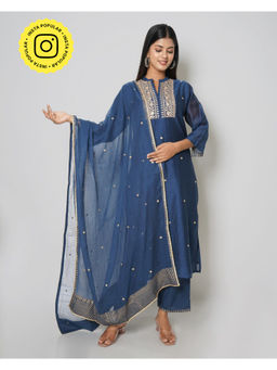 Kameez - Inked Navy Blue Marori Work Chanderi Kurta With Cotton Pants & Dupatta (Set of 3)