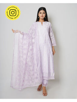 Kameez - Lavender Floral Embroidered Chanderi Kurta With Cotton Pants & Dupatta (Set of 3)