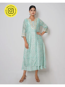 Kameez - Teal Blue Gota Patti Floral Print Chanderi Double Layer Dress