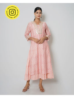 Kameez - Pink Gota Patti Floral Print Chanderi Double Layer Dress