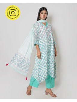 Kameez - White & Turquoise Geometric Print Kurta With Cotton Pants & Dupatta (Set of 3)