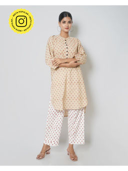 Kameez - Beige Floral Handblock Print Cotton Co-ord (Set of 2)