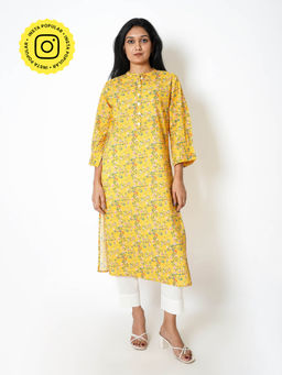 Kameez - Yellow Floral Print Cotton Kurta (Set of 2)