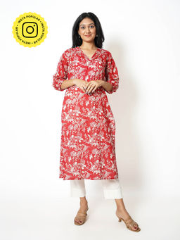Kameez - Red Floral Print Cotton Kurta (Set of 2)