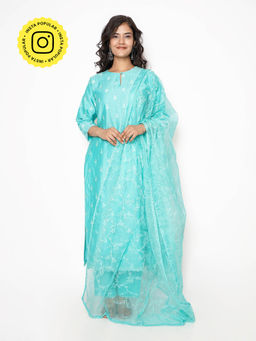 Kameez - Aqua Blue Floral Embroidered Suit (Set of 3)