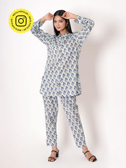 Kameez - Blue Handblock Floral Print Cotton Co-Ord (Set of 2)