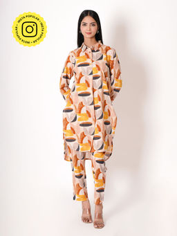 Kameez - Multi-Color Geometric Print Cotton Co-Ord (Set of 2)