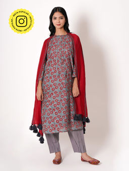 Kameez - Gray Handblock Floral Print Chanderi Kurta with Pant and Dupatta (Set of 3)