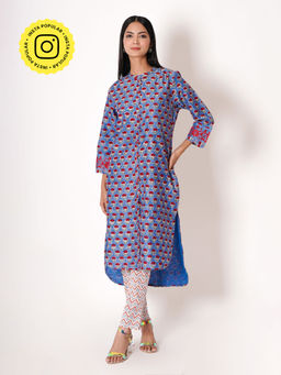 Kameez - Blue Handblock Floral Print Chanderi Kurta with Pant (Set of 2)