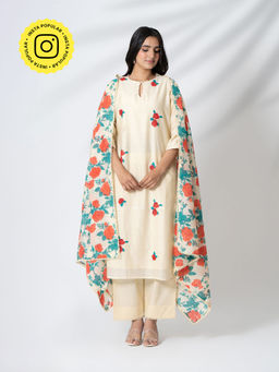 Kameez - Ivory Floral Embroidered Chanderi Kurta with Pants & Dupatta (Set of 3)