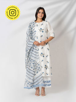 Kameez - Floral Printed White Chanderi Kurta with Pants & Dupatta (Set of 3)