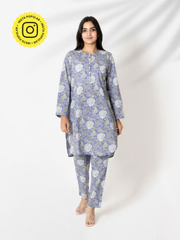 Kameez - Bluish Purple Hand Block Print Cotton Co-Ord (Set of 2)