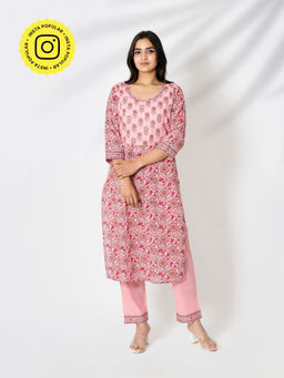 Kameez - Pink Hand Block Print Cotton Kurta with Pants (Set of 2)