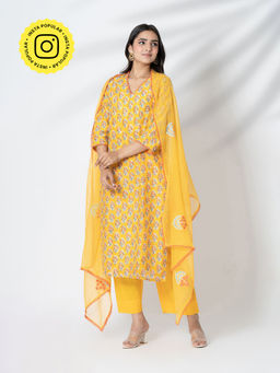 Kameez - Yellow Hand Block Floral Print Chanderi Kurta with Pants & Dupatta (Set of 3)