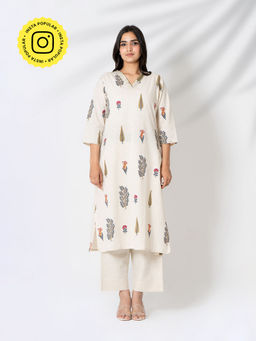 Kameez - Ivory Hand Block Print Cotton Flex Kurta with Pants (Set of 2)