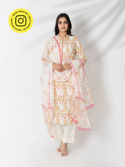 Kameez - White Summer Floral Hand Block Print Cotton Kurta with Pants & Dupatta (Set of 3)