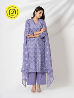 Kameez - Lavender Floral Hand Block Print Chanderi Kurta with Pants & Dupatta (Set of 3)