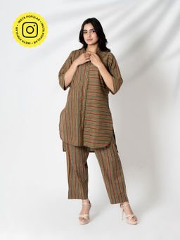 Kameez - Olive Brown Striped Hand Printed Cotton Co-Ord (Set of 2)