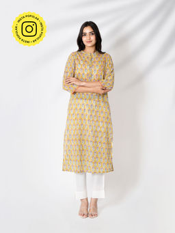 Kameez - Mustard Yellow Hand Block Print Cotton Kurta with Pants (Set of 2)
