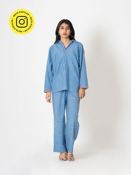 Kameez - Blue Gingham Checks Hand Print Cotton Co-Ord (Set of 2)