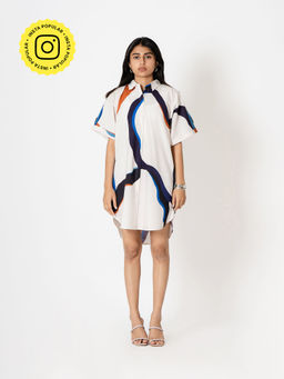 Kameez - White Wavy Digital Print Modal Cotton Shirt Dress