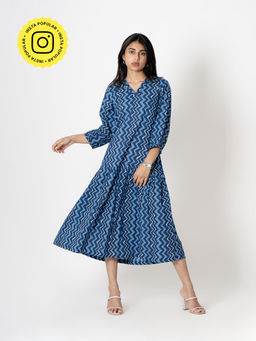 Kameez - Women Indigo Hand Print Cotton Dress