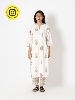 Kameez - off White Floral Hand Printed Cotton Kurta with Pant (Set of 2)
