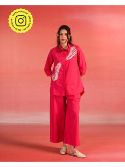 Kameez - Red Orange Embroidered Poplin Co-Ord (Set of 2)