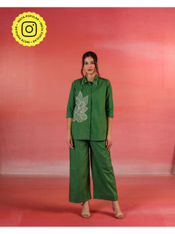 Kameez - Dark Green Embroidered Green Poplin Co-Ord (Set of 2)