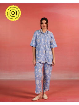 Kameez - Blue Floral Embroidered Poplin Co-Ord (Set of 2)