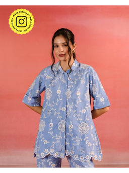 Kameez - Blue Floral Embroidered Poplin Shirt