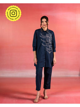 Kameez - Navy Blue Embroidered Blue Poplin Co-Ord (Set of 2)