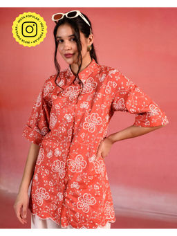 Kameez - Scarlet Red Floral Embroidered Poplin Shirt