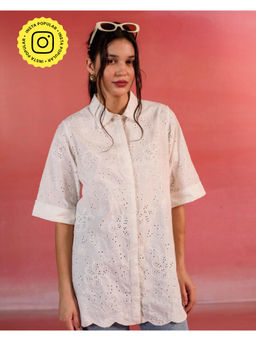 Kameez - White Embroidered Poplin Shirt