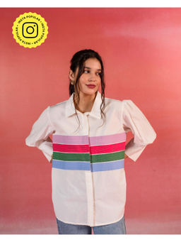 Kameez - White Stripes Patchwork Poplin Shirt