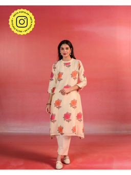 Kameez - Beige Orange Block Print A-Line Chanderi Kurta with Palazzo (Set of 2)