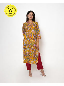 Kameez - Mustard Handblocked Print Cotton Kurta with Pant (Set of 2)
