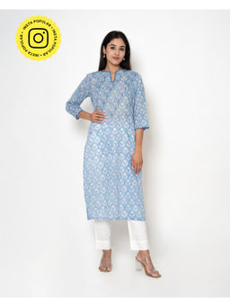 Kameez - Sky Blue Handblocked Print Mulmul Kurta with Pant (Set of 2)