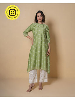 Kameez - Mint Green Chanderi Embroidered Kurta with Palazzo (Set of 2)