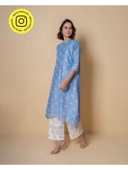 Kameez - Powder Blue Chanderi Embroidered Kurta with Palazzo (Set of 2)
